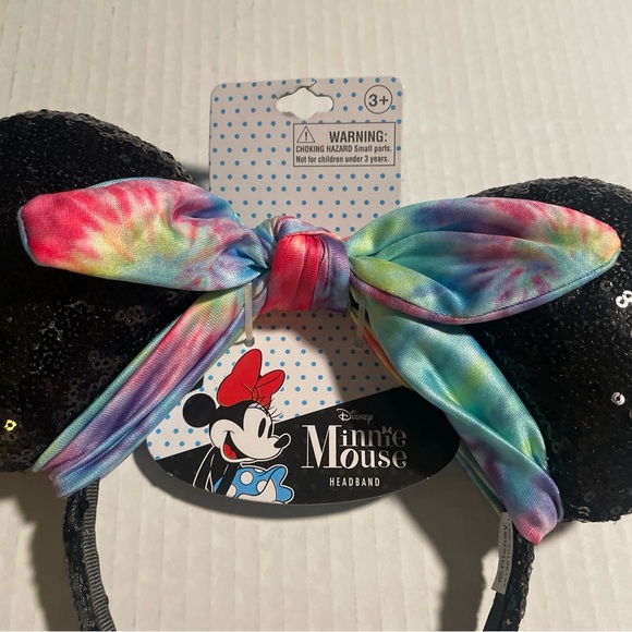 Disney Minnie Mouse Headband Hair Mickey Ears Black With Colored Bow Sparkly New - Picture 4 of 4